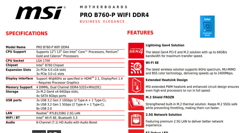 MSI PRO B760-P WIFI DDR4 Intel Socket 1700 ATX Motherboard Specification