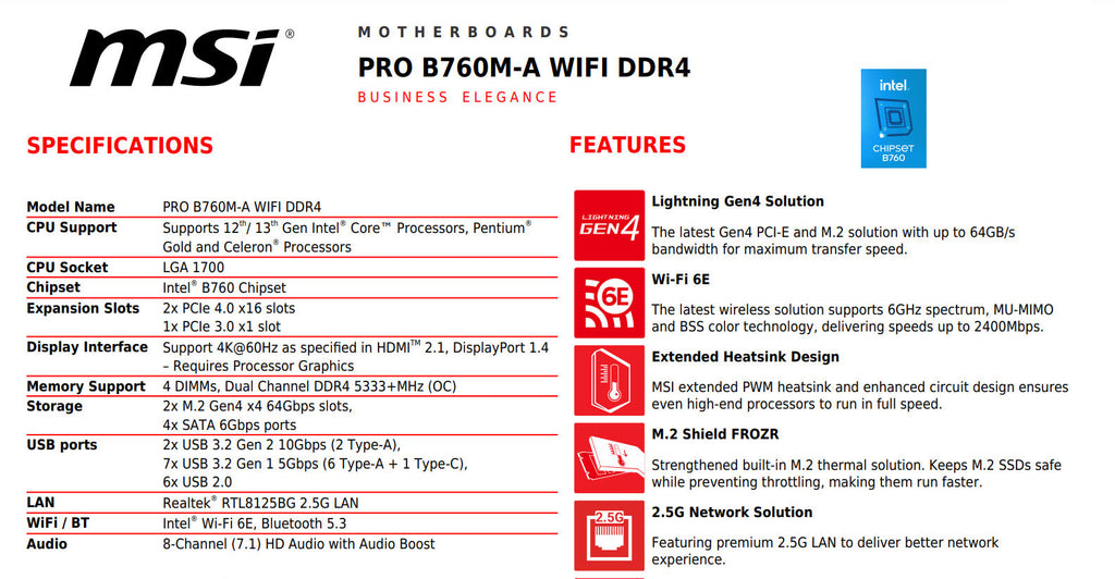 MSI PRO B760M-A WIFI DDR4 Intel Socket 1700 Micro-ATX Motherboard Specification