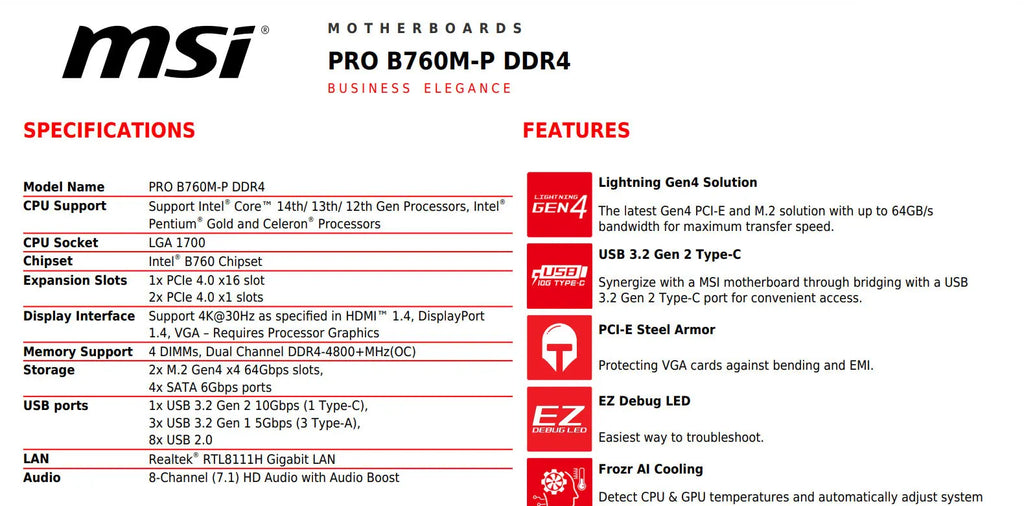 MSI PRO B760M-P DDR4 Intel Socket 1700 Micro-ATX Motherboard Specification