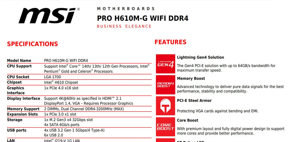MSI PRO H610M-G WIFI DDR4 Intel Socket 1700 ATX Motherboard Specification