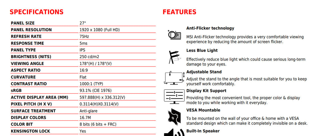 MSI Pro Series MP271P 27" FHD 1080P 75Hz IPS Monitor Pivot Swivel, Tilt Height Adjustable Specification