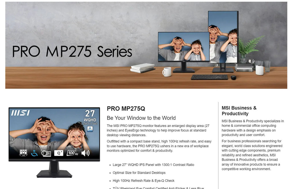 MSI PRO MP275Q 27" WQHD 1440P 100Hz 1ms IPS Business 2K Monitor Black Description