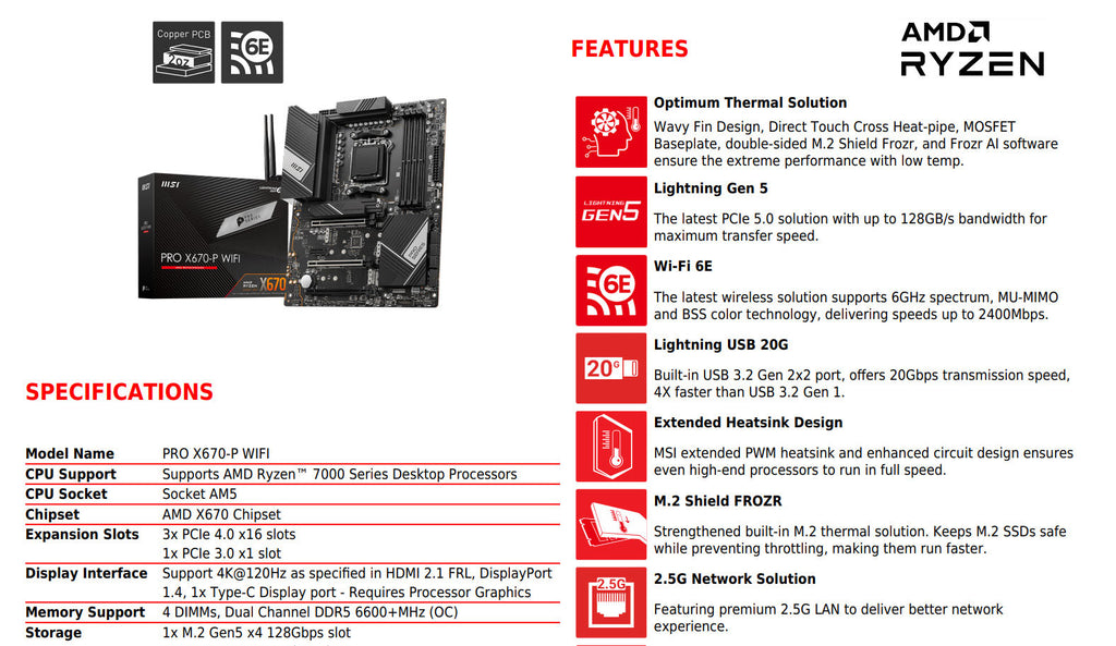 MSI PRO X670-P WIFI AMD AM5 ATX Gaming Motherboard Specification