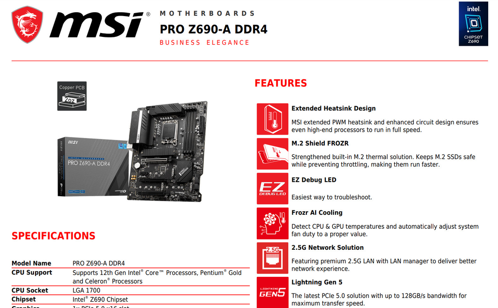 MSI PRO Z690-A DDR4 Intel Socket 1700 ATX Motherboard Specification