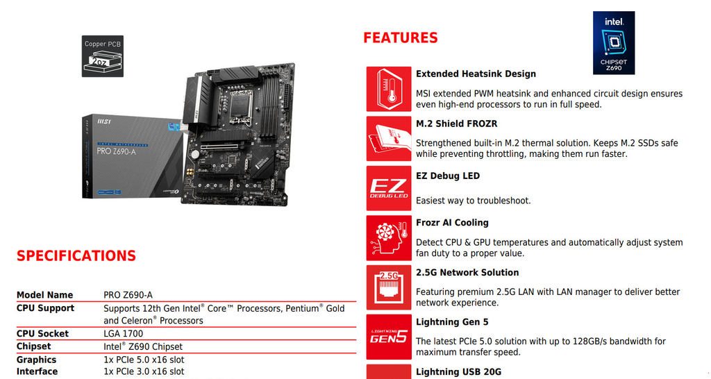 MSI PRO Z690-A Intel Socket 1700 ATX Motherboard Specification