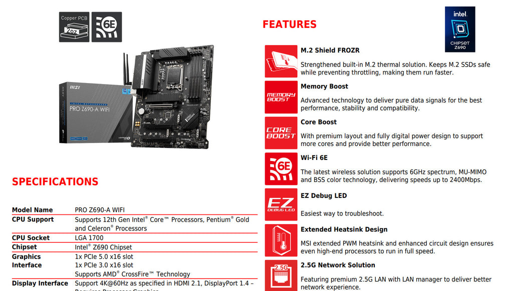 MSI PRO Z690-A WIFI DDR5 Intel Socket 1700 ATX Motherboard Specification