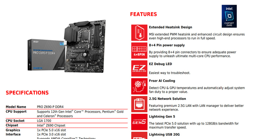 MSI PRO Z690-P DDR4 Intel Socket 1700 ATX Motherboard Specification