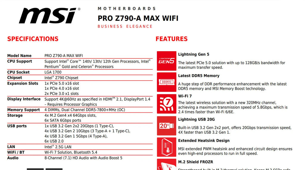 MSI PRO Z790-A MAX WIFI Intel Socket 1700 ATX Motherboard Specification