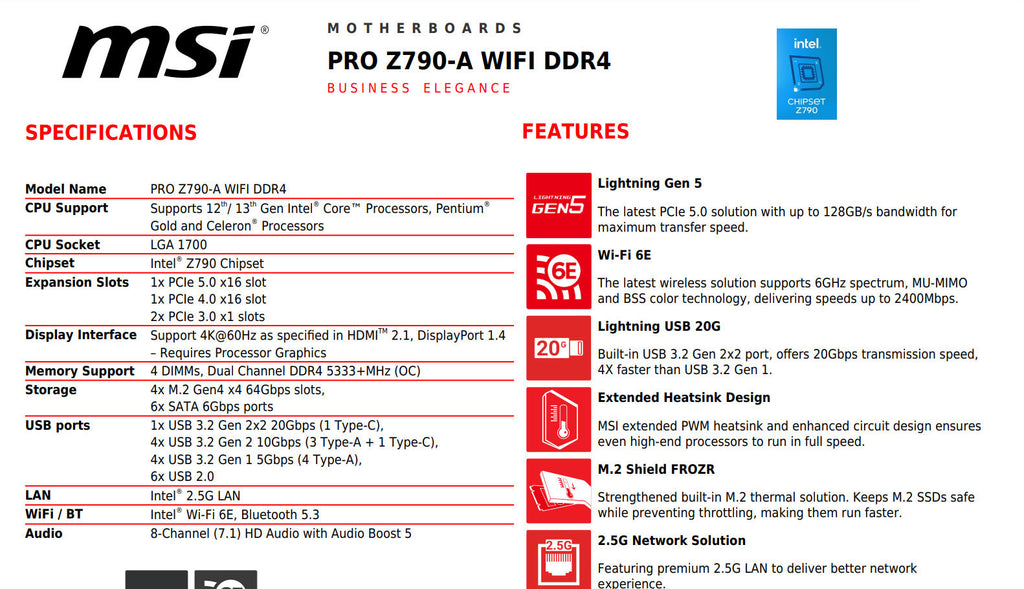 MSI PRO Z790-A WIFI DDR4 Intel Socket 1700 ATX Motherboard Specification