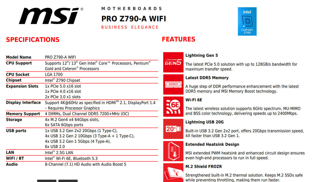 MSI PRO Z790-A WIFI Intel Socket 1700 ATX Motherboard Specification