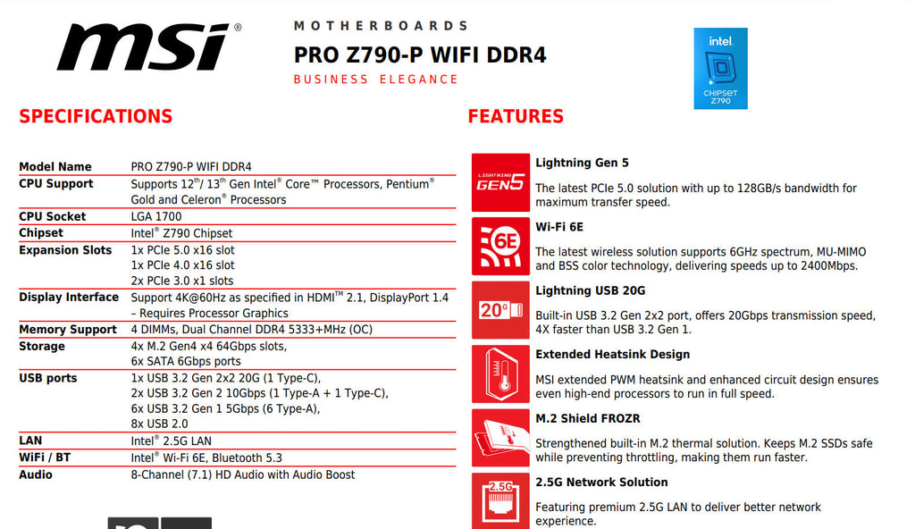 MSI PRO Z790-P WIFI DDR4 Intel Socket 1700 ATX Motherboard Specification