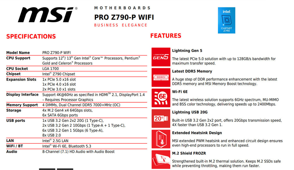 MSI PRO Z790-P WIFI Intel Socket 1700 ATX Motherboard Specification