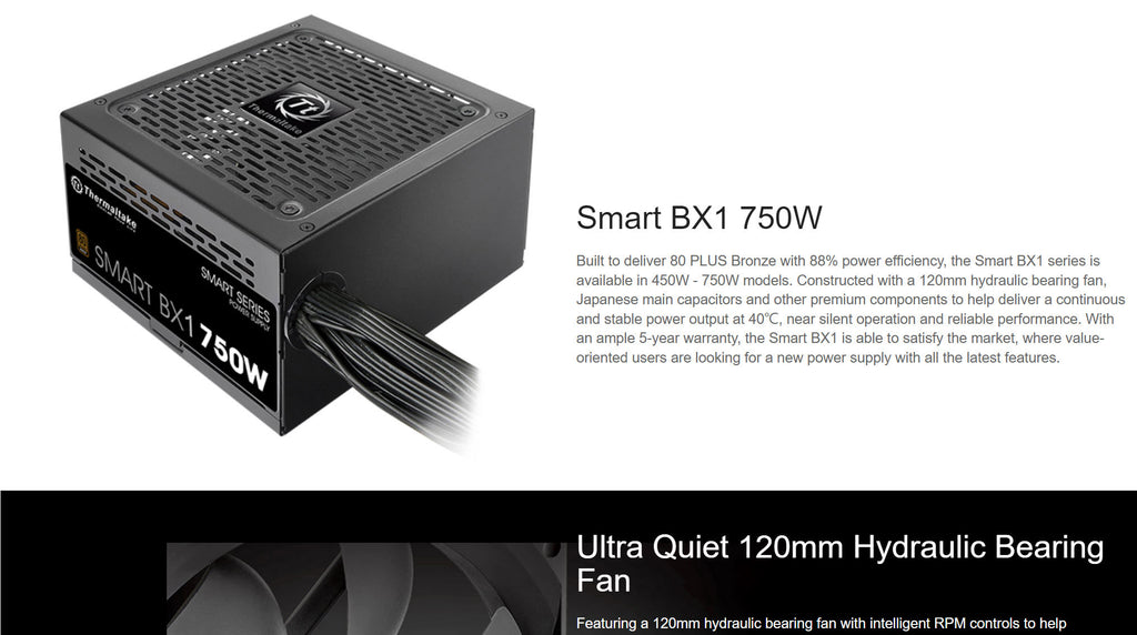 Thermaltake Smart BX1 750W 80+ Bronze ATX Power Supply Model: PS-SPD-0750NNFABU-1 Description