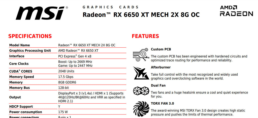 MSI Radeon RX 6650XT MECH 2X 8G  OC Gaming Video Card Specification