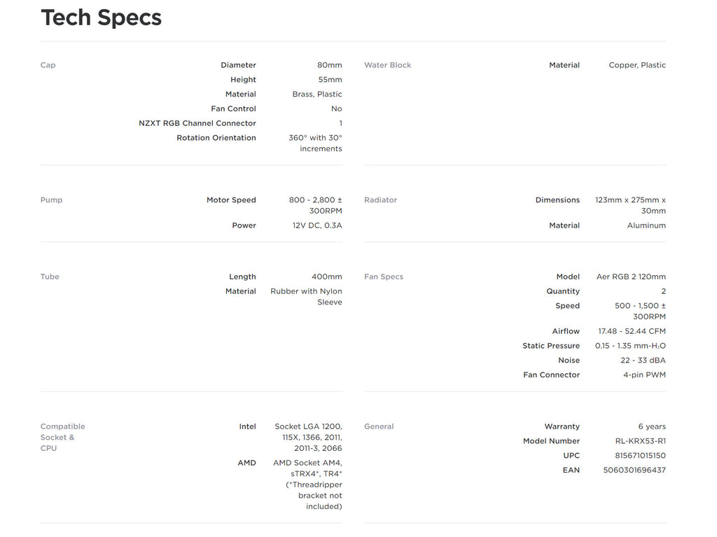 NZXT Kraken X53 RGB 240mm AIO RGB Liquid Cooler Model: RL-KRX53-R1 Specification