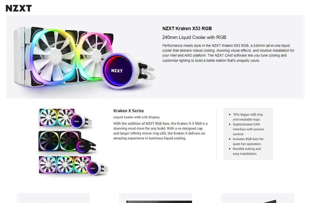 NZXT Kraken X53 RGB 240mm AIO RGB CPU Liquid Cooler White Color Model: RL-KRX53-RW Description