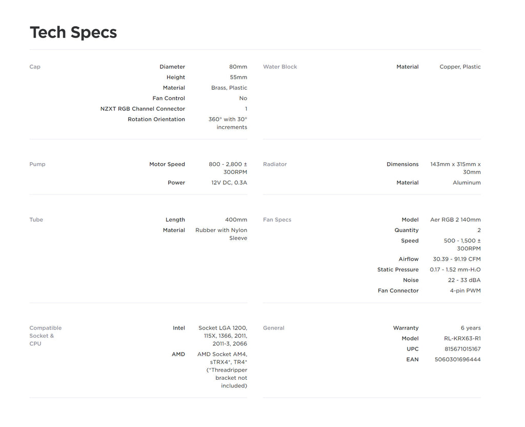 NZXT Kraken X63 RGB 280mm AIO RGB Liquid Cooler Model: RL-KRX63-R1 Specification