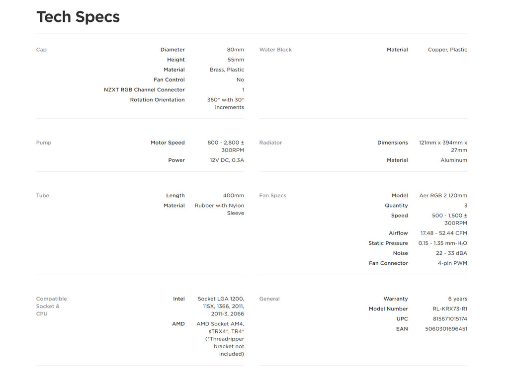 NZXT Kraken X73 RGB 360mm AIO RGB Liquid Cooler Model: RL-KRX73-R1 Specification