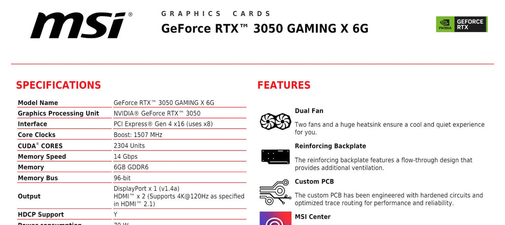 MSI Geforce RTX 3050 GAMING X 6G Gaming Video Card Specification
