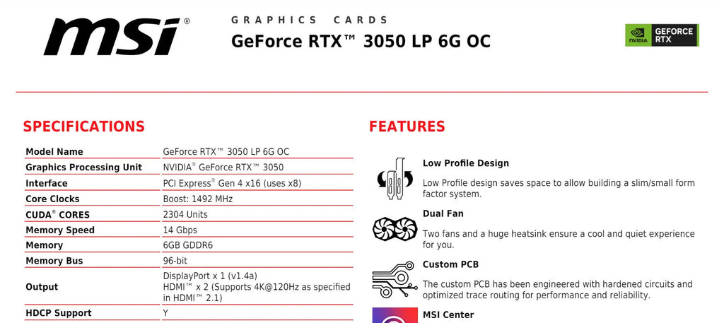 MSI Geforce RTX 3050 LP 6G OC Low Profile Video Card Specification