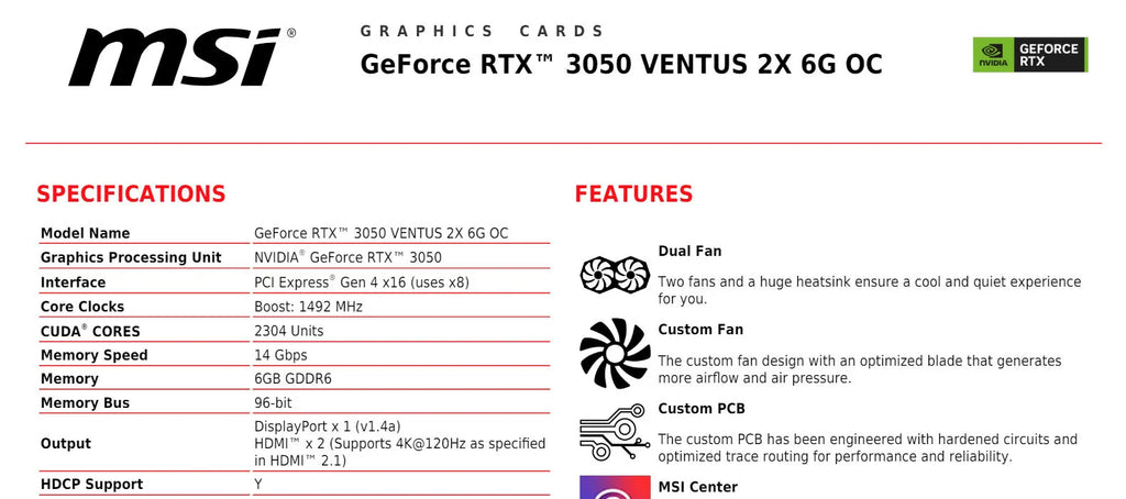 MSI RTX 3050 VENTUS 2X 6G OC Video Card Specification