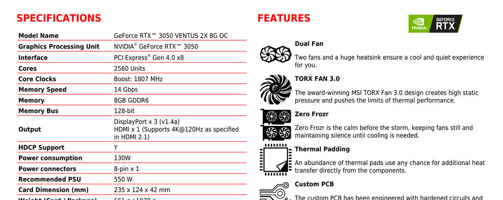 MSI RTX 3050 VENTUS 2X 8G OC Video Card Specification