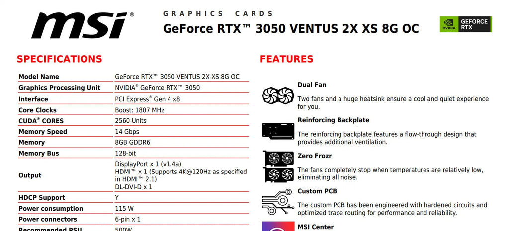 MSI RTX 3050 VENTUS 2X XS 8G OC Video Card Specification