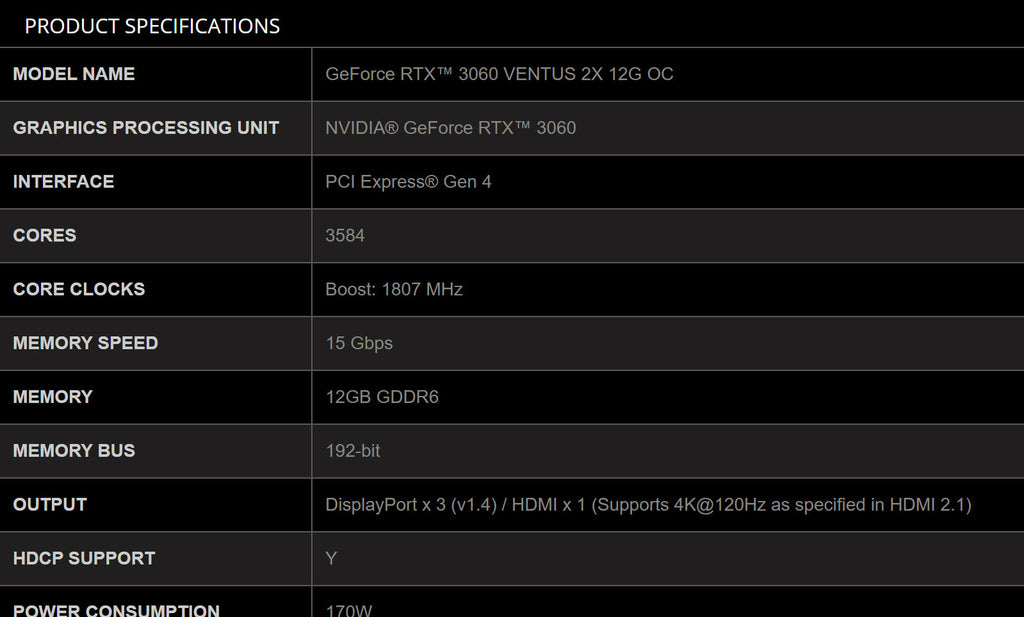 MSI RTX 3060 VENTUS 2X 12G OC Gaming Video Card Specification