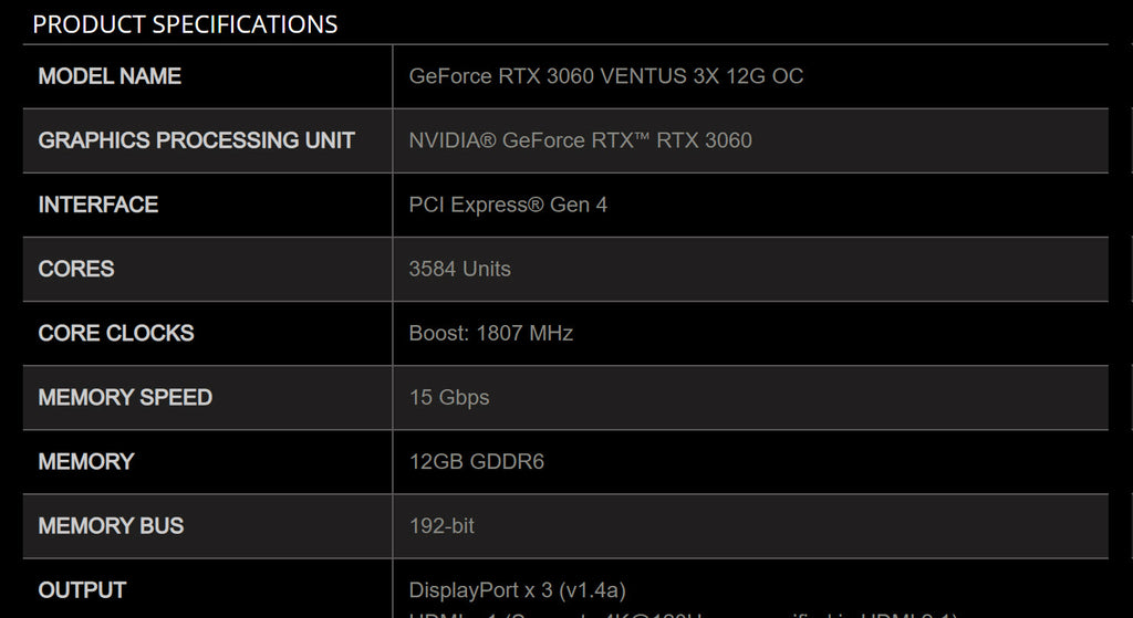 MSI RTX 3060 VENTUS 3X 12G OC Gaming Video Card Specification