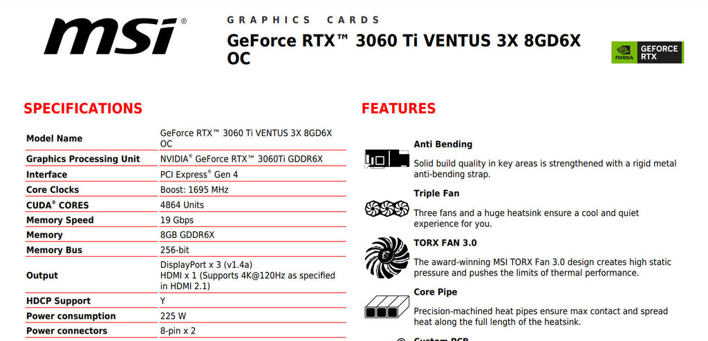 MSI Geforce RTX 3060Ti VENTUS 3X 8GDR6X OC Gaming Video Card Specification
