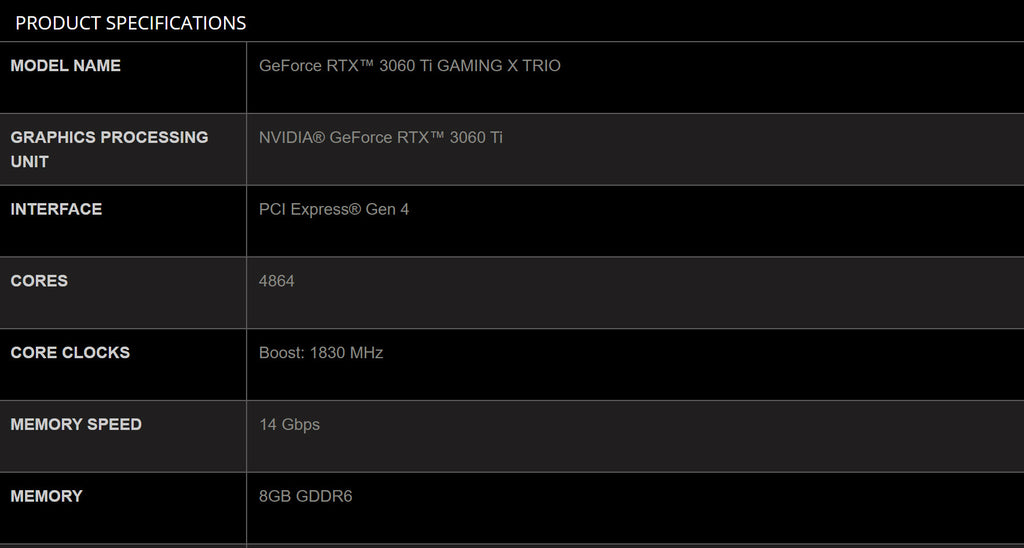 MSI Geforce RTX 3060Ti GAMING X TRIO 8G Gaming Video Card Specification