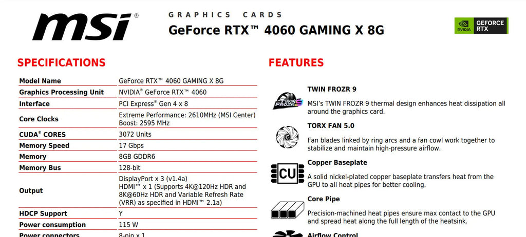 MSI Geforce RTX 4060 GAMING X 8G Gaming Video Card Specificaiton