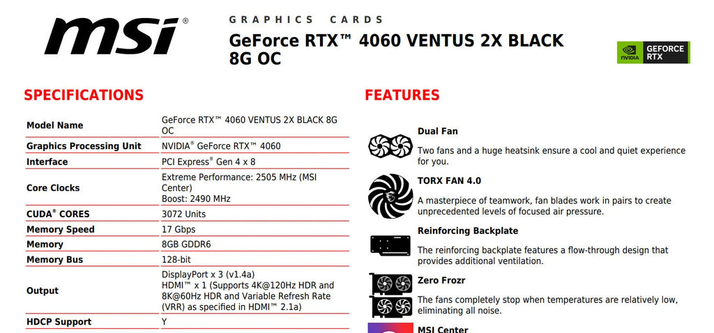 MSI Geforce RTX 4060 VENTUS 2X BLACK 8G OC Gaming Video Card Specification