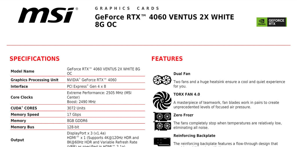 MSI Geforce RTX 4060 VENTUS 2X WHITE 8G OC Gaming Video Card Specification