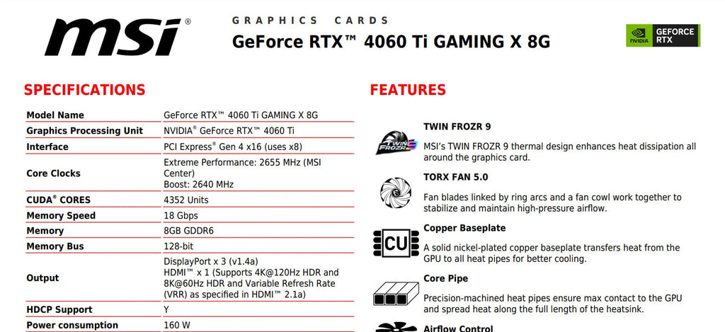 MSI Geforce RTX 4060Ti GAMING X 8G Gaming Video Card Specification