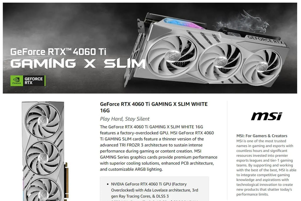 MSI Geforce RTX 4060Ti GAMING X SLIM 16G Gaming Video Card Description