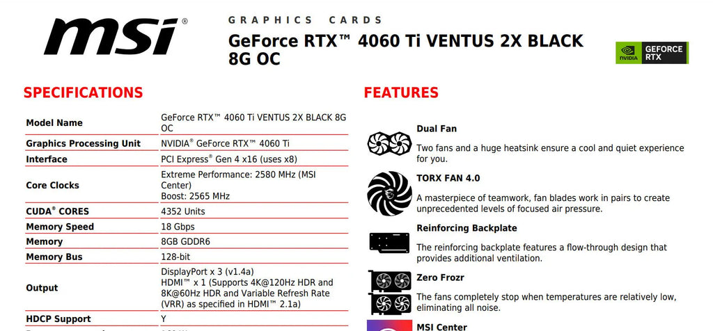 MSI Geforce RTX 4060Ti VENTUS 2X BLACK 8G OC Gaming Video Card Specification