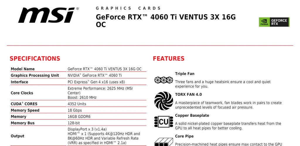 MSI Geforce RTX 4060Ti VENTUS 3X 16G OC Gaming Video Card Specification