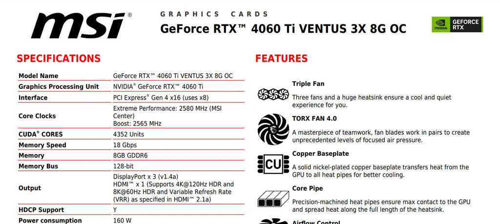 MSI Geforce RTX 4060Ti VENTUS 3X 8G OC Gaming Video Card Specification