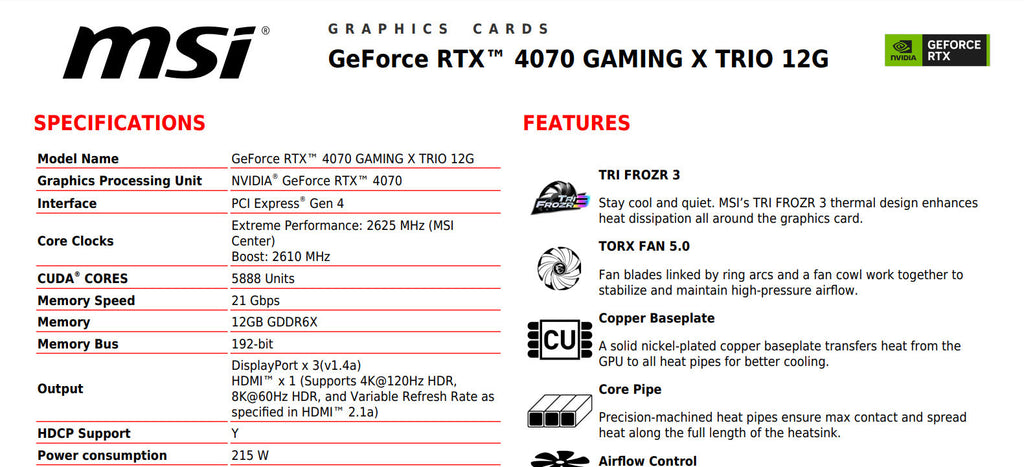 MSI Geforce RTX 4070 GAMING X TRIO 12G Gaming Video Card Speficiation