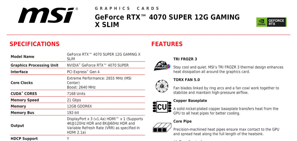 MSI Geforce RTX 4070 SUPER 12G GAMING X SLIM Gaming Video Card Specification