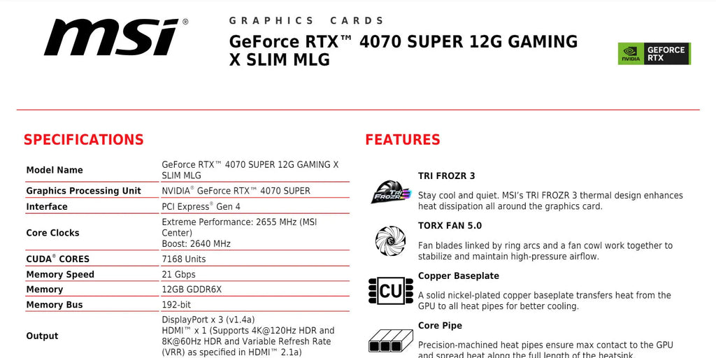 MSI Geforce RTX 4070 SUPER 12G GAMING X SLIM MLG Gaming Video Card Specification
