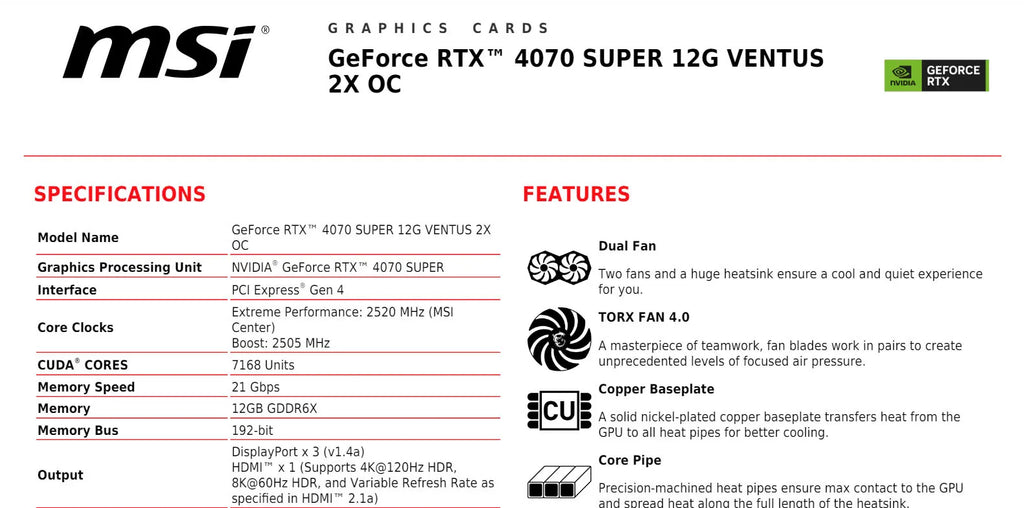 MSI Geforce RTX 4070 SUPER 12G VENTUS 2X OC Gaming Video Card Specification
