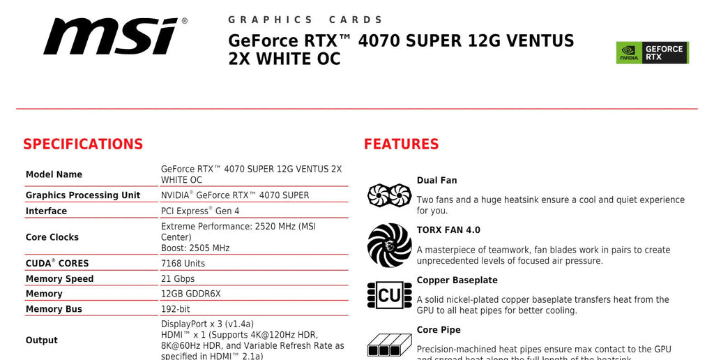 MSI Geforce RTX 4070 SUPER 12G VENTUS 2X WHITE OC Gaming Video Card Specification
