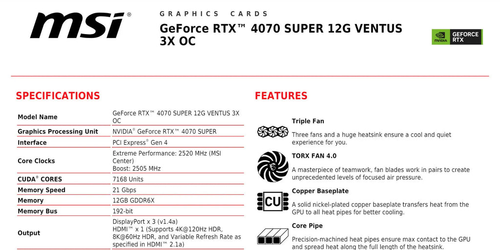 MSI Geforce RTX 4070 SUPER 12G VENTUS 3X OC Gaming Video Card Specification