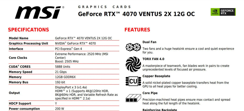 MSI Geforce RTX 4070 VENTUS 2X 12G OC Gaming Video Card Specification