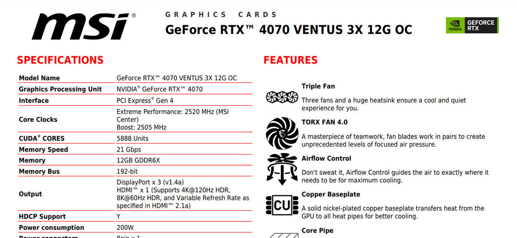 MSI Geforce RTX 4070 VENTUS 3X 12G  OC Gaming Video Card Specification