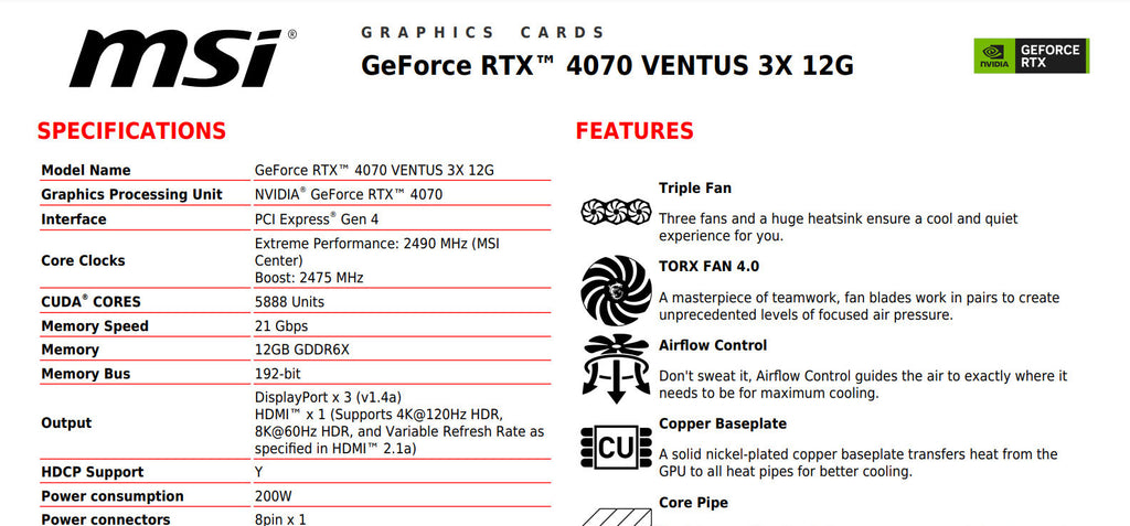 MSI Geforce RTX 4070 VENTUS 3X 12G  Gaming Video Card Specification