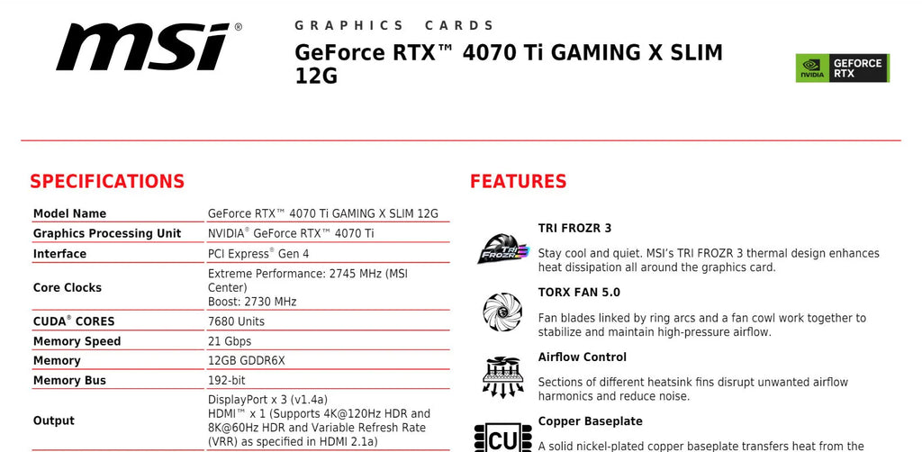 MSI Geforce RTX 4070Ti GAMING X SLIM 12G Gaming Video Card Specification