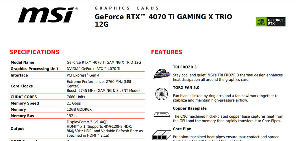 MSI Geforce RTX 4070TI GAMING X TRIO 12G Gaming Video Card Specification